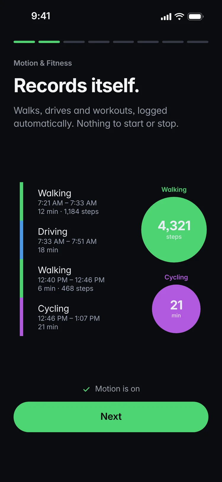 Kinetic onboarding: Records itself — walks, drives and workouts logged automatically