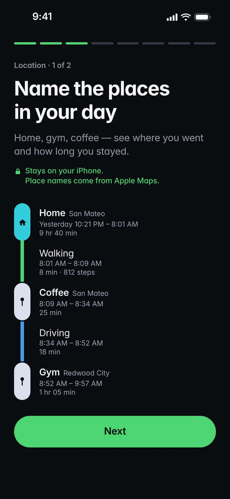 Kinetic onboarding: Name the places in your day — Home, Coffee and Gym on a timeline